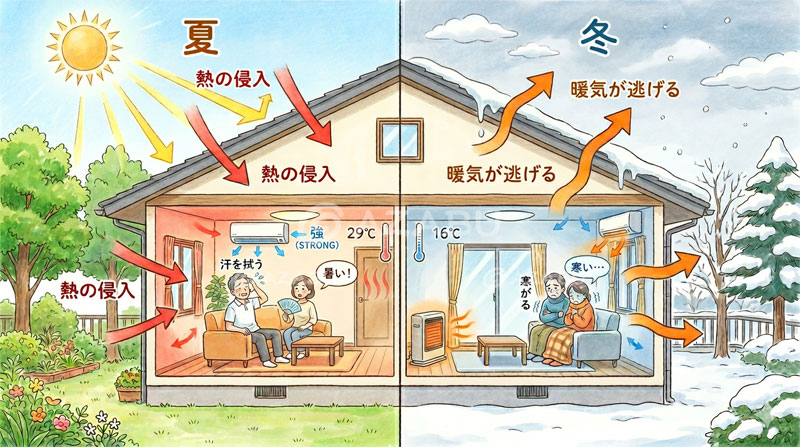 エアコンが効かなくて困る！夏の暑さ冬の寒さに苦しむお住まいの悩みを表すイラスト