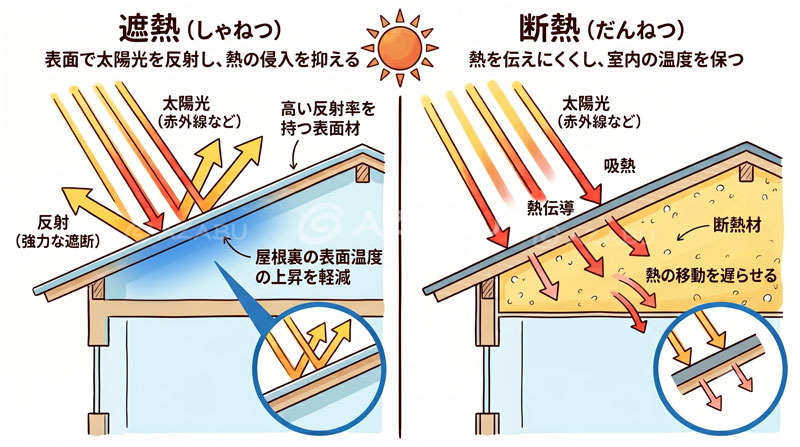 「遮熱」と「断熱」の決定的な違いを表すイラスト